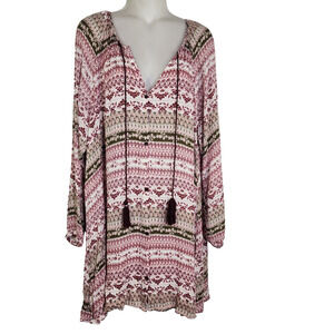 Cloud Chaser Womens Tunic Top 1X Button Front V Neck Long Sleeve Tassels Floral